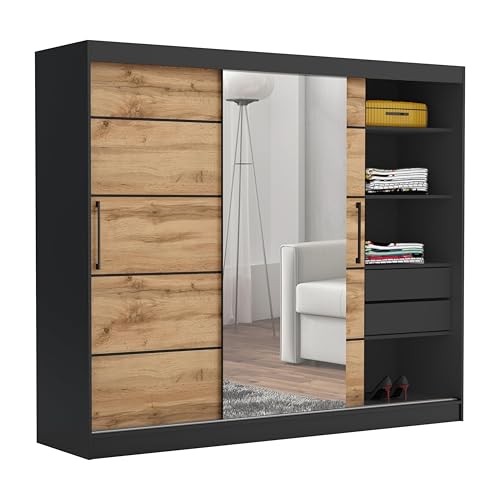 Brent - Kleiderschrank mit Spiegel 235cm Breit, Kleiderschrank mit Schubladen Chelsea Tomy, Schiebeschrank für Schlafzimmer, Schrank Schlafzimmer - Kleiderschrank Schwarz/Wotan Eiche