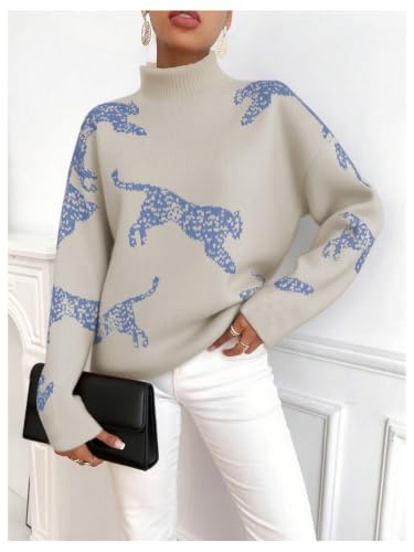 Image of WDIRARA Women's Leopard Tiger Print Sweater High Neck Long Sleeve Fuzzy Knitted Pullover Top