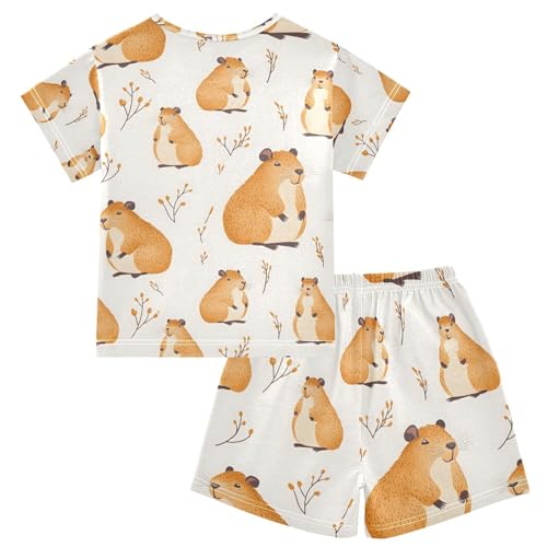 ALAZA Capybara Cartoon Cute Pajamas Set Short Sleeve Cotton Sleepwear Summer Pjs 2 Piece 5-14Y2