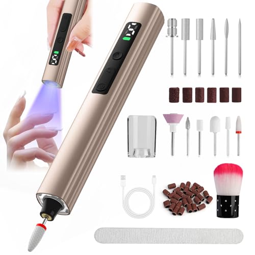 Image of PUGTOW Cordless Electric Nail Drill & UV LED Light Kit – Rechargeable Manicure Pedicure Set with 7+ Bits, Portable Design for Gel, Acrylic, Dip Nails – Home & Salon Use (Gold)