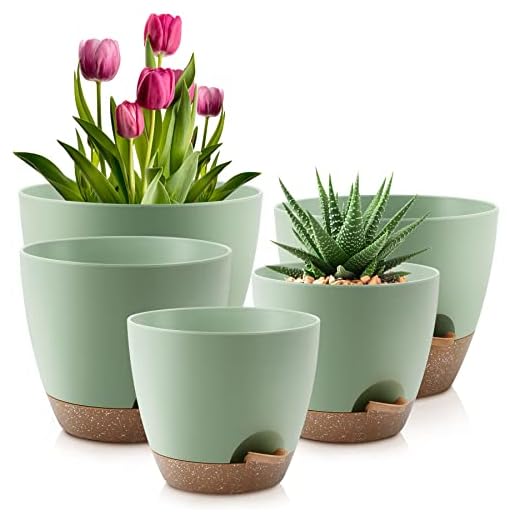 QRRICA Plant Pots 10/9/8/7.5/7 Inch Self Watering Pots, Set of 5 Plastic Planters with Drainage Holes and Saucers,Plastic Flower Pots,Nursery Planting Pot for Indoor Out Door Plants(Green)