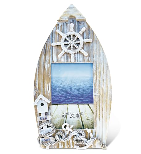 Puzzled CoTa Global Baja Boat Frame - 4x6 White Distressed Wood Beach Photo Frame for Summer Vacation Memory, Handmade Tropical Nautical Picture Frame for Tabletop and Ocean Decor - 12.25 Inches