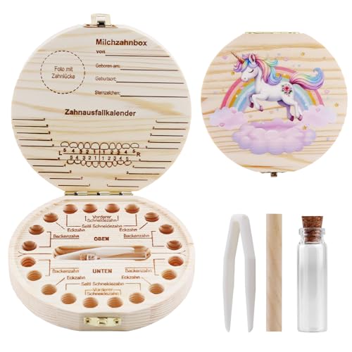 Spehulg Zahndose Milchzähne Mädchen Holz Zahnbox für Milchzähne Einhorn Milchzahndose Mädchen Aufbewahrungsbox für Baby-Zähne Box Zahnfee Geschenke Kinderzahndosen