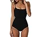 Produktbild Tooth Strandmode Damen Einteiliger Badeanzug Gerippter Stoff Einfarbige Badebekleidung Verstellbare SpaghettiträGer BadeanzüGe Mit Offenem RüCken Push-Up Gepolsterte Bademode Beachwear (Schwarz,M)