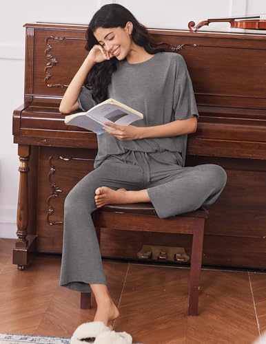Image of Ekouaer Lounge Sets for Women Short Sleeve Tops and Long Pants Soft Comfy Pajamas Set 2 Piece Outfits