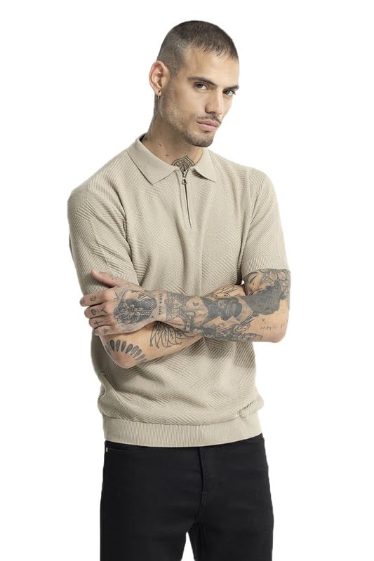 Image of SNITCH Men's Plain T-Shirts | Resort Wear| Holiday Streetwear Style | Cotton Polo Half Sleeve Slim Fit Beige