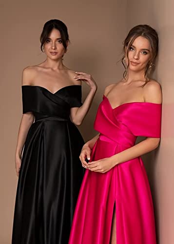 SEIM Women's Off Shoulder Long Prom Dresses with Slit 2024 Satin A-Line Sweetheart Corset Formal Party Dresses with Pockets4