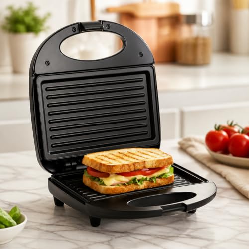 Sanduicheira Elétrica 220V Grill 750W Antiaderente Preta - Prensa 2 Sanduíches ao Mesmo Tempo, Chapa 21,5 x 12,5 cm para Pão Francês, Misto Quente e Hambúrguer, Compacta com Luz Indicadora