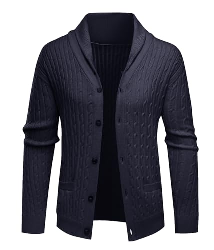 ALLOVIN Mens Cable Knit Cardigan Sweater Shawl Collar Long Sleeve Button Down with Pockets Casual Business Wear Fall Winter