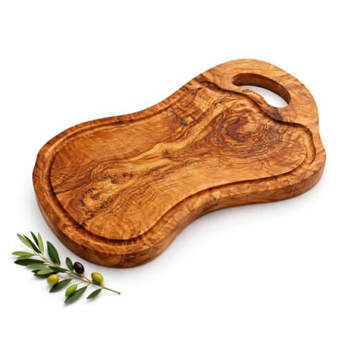 Tabla de cortar artesanal con rigole y mango de madera de olivo natural para cocina profesional, hecha a mano, 40 cm