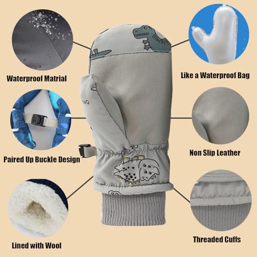 Huuflyty Toddler Mittens Winter Snow Cute Bear Gloves Infant Waterproof Mitten Warm Fleece Kid Ski Gloves for Boys Girls (Grey-Dinosaur, M (2-4years))