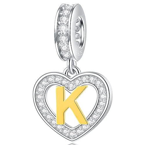 Image of GLOWDAS 18K Gold Plated Letter Charms Initial A to Z Necklace Pendant, 925 Sterling Silver CZ Heart Dangle Alphabet Beads fit European DIY Bracelet, Gifts for Valentiens /Christmas /Family