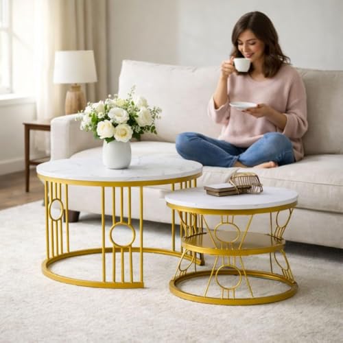 Image of Modern Nested Coffee Table Set of 2 | Round Marble Finish Tabletop with Metal Base | Luxury Center Table for Living Room, Lounge & Office (Ring White Gold)