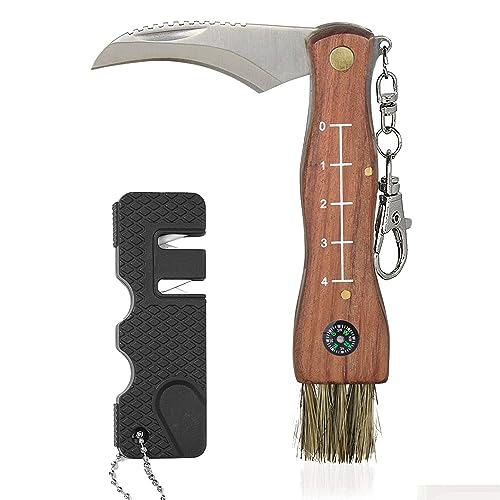 CABUGE Mushroom Harvesting Knife No Lock Folding Garden Tool for Foraging & Cleaning Two-Hand Opening Knife with Wood Handle for Men Women