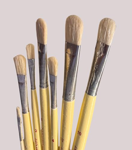 Image of Professional Filbert Hog Hair Paint Brush Set | Natural Bristle Brushes for Oil & Acrylic Painting, Soft Blending, Curved Strokes & Smooth Finish Artwork | Sizes 0-12, Set of 7