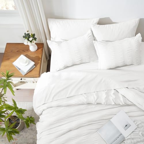 Image of Zzlpp Full Comforter Set 7 Pieces, White Seersucker Bed in a Bag with Comforter and 2 Sheets, All Season Bedding Sets with 1 Comforter, 2 Pillow Shams, 2 Pillowcases