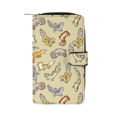 Cartoon Cute Leopard Gecko Pattern Leather Wallets Large Capacity Zipper Pocket Card Holder with ID Window, 19.7x11x3.5cm, style