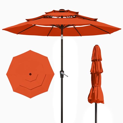 PatioKingdom 9ft 3-Tier Patio Market Umbrella with Crank/Tilt, Commercial Heavy Duty Wind Proof,Outdoor Table Umbrella with 8 Fiberglass Ribs,UPF50+ for Deck,Pool,Garden,Backyard (Orange)