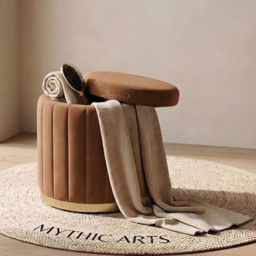 Image of Superior Round Storage Ottoman Stool 16 X 16X 19 inch, with Gold Metal Base | Elegant Pouffe with Secret Storage | Cushioned Footrest for Living Room, Bedroom, and Lounge Coffee
