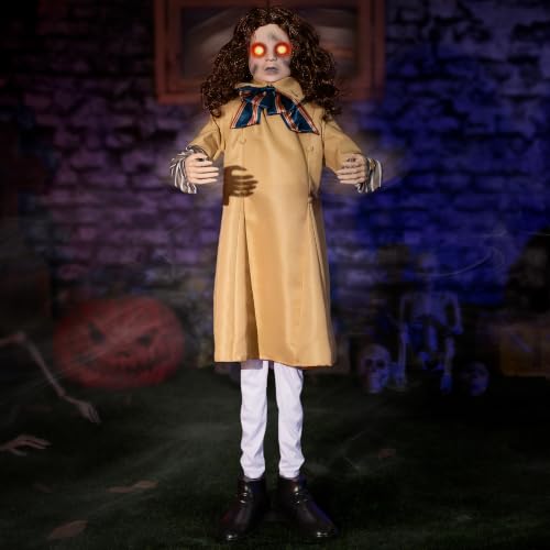 Halloween Animatronics Decorations 48inch Animated Creepy Doll with Sound Activated Spooky Sound Lighted LED Eyes Scary Move Haunted House Holiday Display Decor Horror Prop for Indoor Outdoor Yard