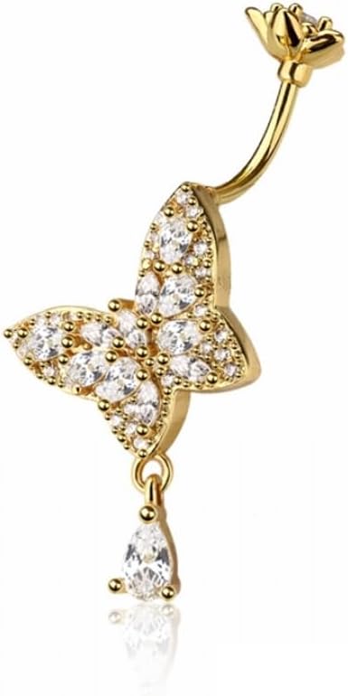 Pierced Owl 14GA 316L Stainless Steel CZ Crystal Butterfly with Dangling Teardrop Belly Button Ring