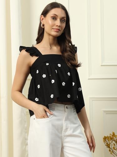 Image of FIORRA Women's Cotton Regular Fit Crop Top with Embroidery Detail and Solid Pattern