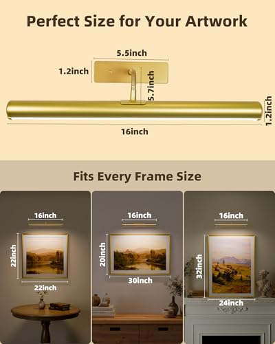 Image of EZVALO Picture Lights for Wall, 16 inch Rechargeable 6000mAh Painting Lights with Remote, Wireless Dimmable 3 Color Temps Art Lights for Gallery, Living Room, Hallway (Gold, 2Pack)