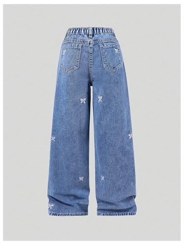 WDIRARA Girl's Bow Embroidered Baggy Jeans Elastic Wide Leg Denim Pants2