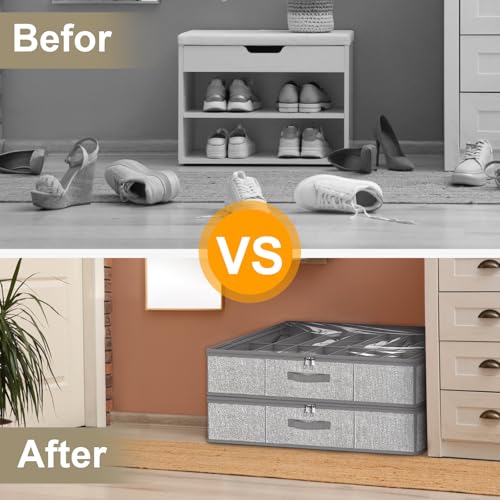 Image of homyfort 32 Pairs Shoe Organizer Under Bed, Underbed Shoe Storage Boxes Bins, Organizador De Zapatos, Extra Large Zapateras Organizer, Grey, Set of 2