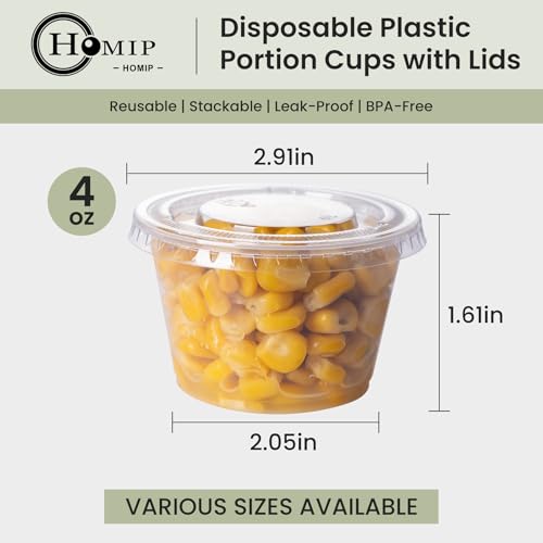 HOMIP 100Pack 4oz Disposable Plastic Portion Cups with Lids, Small Mini Sauce Cups for Portion Control, Salad Dressing Cups, Airtight and Stackable Condiment Cups for Party, Holiday and Daily Use - Thumbnail 2