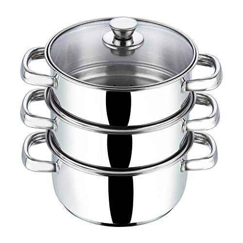 Vinod Stainless Steel 3 Tier Steamer Pot 20 cm | Sturdy Handle and Vented Glass Lid | Induction and Gas Compatible | 2.5 mm Thick Base | Multipurpose Steamer Cooking Vegetable, Momos, Dumplings - Image 2