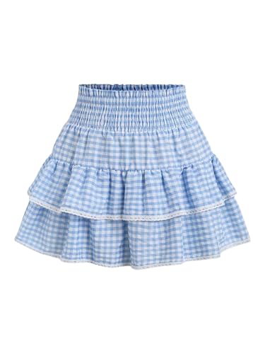 Women's Y2K Gingham Skirt Plaid Ruffle High Waist A-Line Cake Mini Skirts with Lace Hem