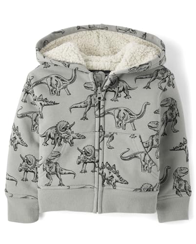 The Children's Place,Baby-Boys,and Toddler Long Sleeve, Sherpa Lined, Zip-Front Hoodie Sweatshirt,Grey Dino,9 Months,12 Months