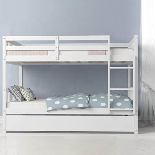 Giantex Full Over Full Bunk Bed With Trundle, Solid Wood Trundle Bed Frame W/Guardrails And Ladder, Convertible To 2 Beds, Full Size Bunk Beds For Adults Kids Teens, No Box Spring Needed, White #TOP4