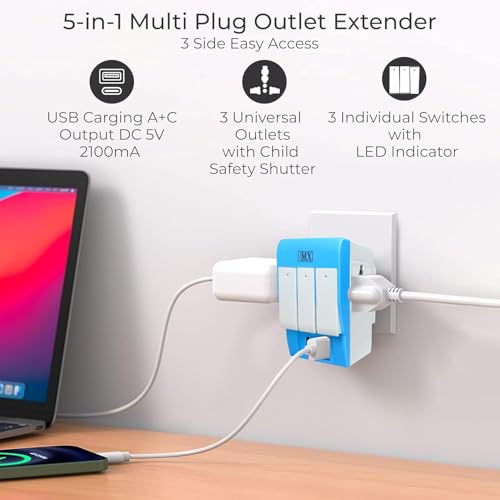 Image of MX 3-Way Universal Multi Plug Adapter with USB & Type-C Charging Ports, 5A-250V Extension Board, Individual Switches & LED, Worldwide Socket - Type D Plug (Multicolor) Pack of 2