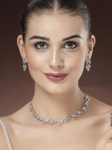 Image of Karatcart Silver Toned American Diamond Studded Jewellery Set for Women