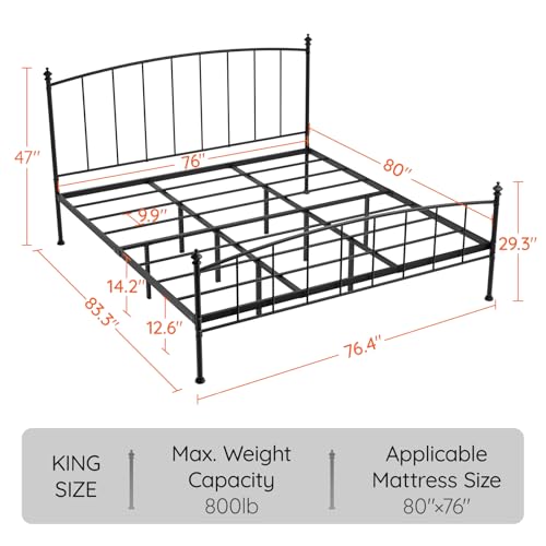 Mistmo King Size Metal Platform Bed Frame, Victorian Wrought Iron-Art Design,Mattress Foundation with Headboard & Footboard, Under Bed Storage, No Box Spring Needed, Black