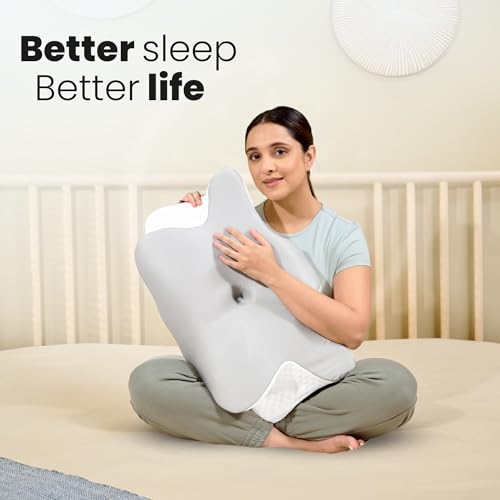 Image of CareFoam Butterfly Memory Foam Orthopedic Pillow with Arm Rest & Dual Height | Neck Head & Shoulder Support Effective for Sleep Disorders, Insomnia, Snoring & sleep Apnea | White & Grey Jacquard Cover