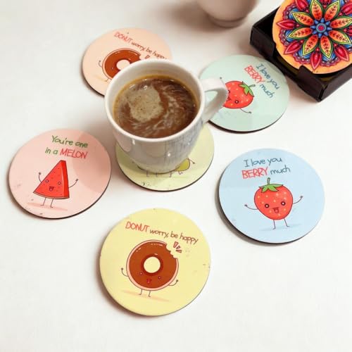 Image of Zesta Coasters for Cups Set of 6 / Wooden Coasters for Bar Accessories for Home /Tea Coaster Set of 6 / Waterproof Dining Table Decor Glass Cover (Fruits, Circle)