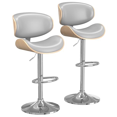 Image of YaFiti Bar Stools Set of 2, Bar Stools for Kitchen Island with Bentwood Back and Leather Seat, Swivel Barstools for Kitchen Counter, Bar, Light Grey