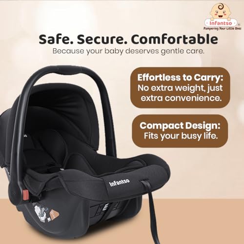 Image of Infantso (4-in-1) Baby Carry Cot (ECE R44 /04 Certified), Car Seat, Feeding Chair & Rocker for Infant Babies of 0 to 15 Months | Adjustable Handle, Canopy, Washable Cover | Baby Car Seat with 3-Point Safety Harness - Upto 13 Kgs (Black)