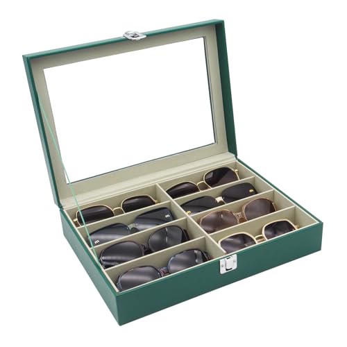 CECOBAG 8 Slots Sunglass Organizer with Clear Top Lid PU Leather Glasses Case Display Tray Removable Dividers Also Suitable for Jewelry Storage-Green