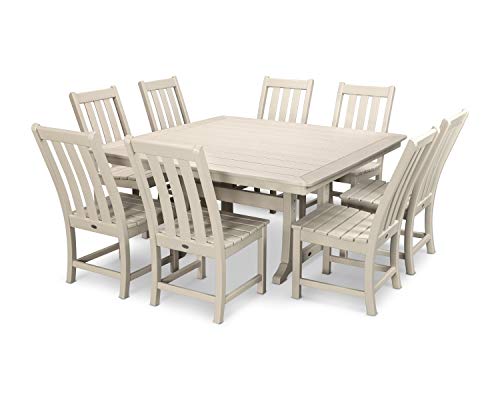 Polywood Vineyard 9-Piece Outdoor Dining Set - Sand - HDPE Composite Patio Furniture - Table and 8 Chairs - Fade-Proof All-Season Backyard Dining