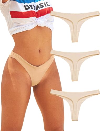 Tanga para mujer de algodón sexy tanga bragas juego de 3, beige, XL