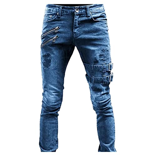 Jean Moto Motard Effet Usé pour Homme Pantalon en Denim à Fermeture éclair Gothique Punk Déchiré Jean Coupe Slim à Jambe Conique Hip Hop (Bleu,3XL)