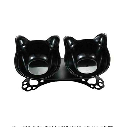 JIACHIHH Cuencos Dobles Antideslizantes para Gatos Soporte Elevado Plato para Mascotas Comida Cuenco de Agua Comedero para Perros_Hot,Black,Double Bowl