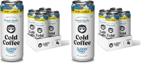 Image of Sleepy Owl French Vanilla Liquid Cold Coffee|4 X 230Ml Cans|Made With Real Milk & Coffee|No Preservatives (Pack of 2)
