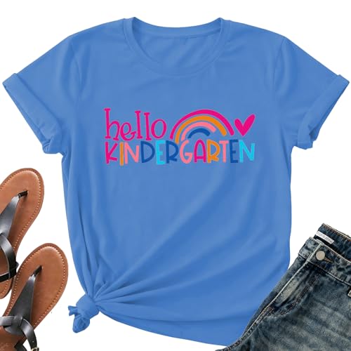 Image of Kindergarten Teacher Shirts for Women-Rainbow Heart Short Sleeves | Cute Back to School Shirt Great for Preschool Educators Classroom Daily Work First Day Celebration Events