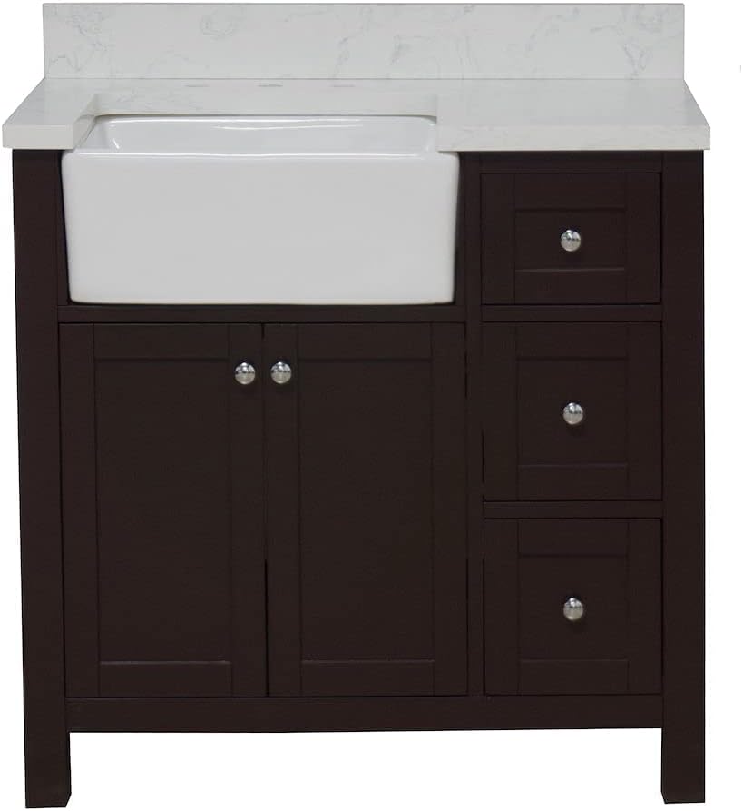 Yorkshire 36-inch Farmhouse Bathroom Vanity (Engineered Marble/Chocolate): Includes Chocolate Cabinet with Engineered Marble Countertop and White Apron Sink
