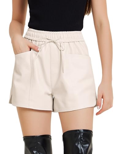 Short en similicuir femme beige taille haute élastique avec poches L